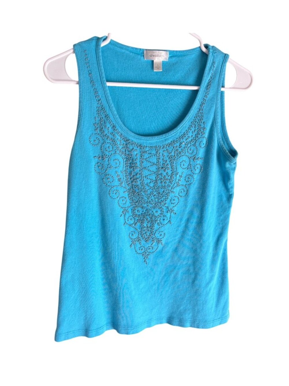 Dressbarn Womens Turquoise Tank Top W/ Rhinestone Detail 100% Cotton Size Large